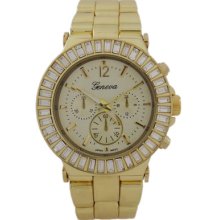 Gold With Large Crystals Oversized Geneva Watch For Men Or Women