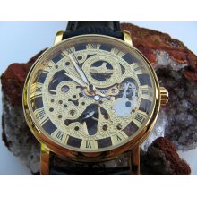 Goldtone Mechanical Wrist Watch with Black Leather Wristband, Steampunk - Groom - Groomsmen - Watch - Item MWA384