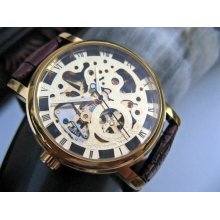 Goldtone Mechanical Wrist Watch with Brown Leather Wristband - Men - Women - Steampunk - Groomsmen - Watch - Item MWA386