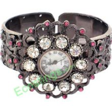 Good Bangle Quartz Watch w/ Crystal Beads Sunflower Shape Sooty & Pink+Clear