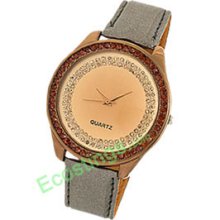 Good Jewelry Big Round Dial Gray Leather Band Lady's Watch