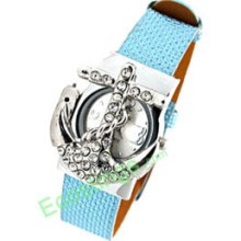 Good Jewelry Blue Leather Band Rhinestone Peltate Watch