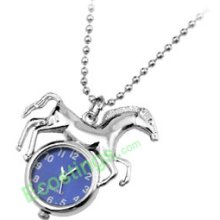 Good Jewelry Navy Blue Dial Ladies Silvery Horse Pendant Necklace Watch