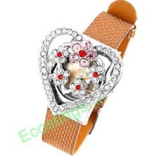 Good Jewelry Pink Rhinestone Heart Watchcase Brown Leather Band Ladies Watch