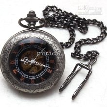 Grey Bronze Copper Archaized Mechanical Skeleton Pocket Watch Men's