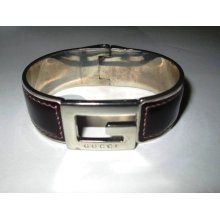 Gucci Patent Leather + Silver Band Signature Logo Gold G Bangle