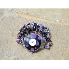 Handmade Lampwork Glass Bead Bangle Bracelet Watch in Purple and Black - SRA B54