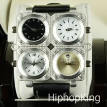 Hip Hop Designer Square 4 Quartz Multi Zone Time Leather Sport Hip Hop Watch