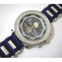 Ice Out Bling Bling Big Case Rubber Band Men's Watch Navy Blue Item 5264