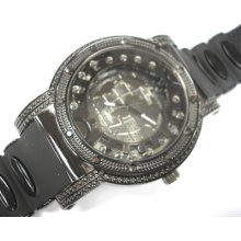 Iced Out Bling Bling Big Case Globe Dial Rubber Band Men's Watch Black