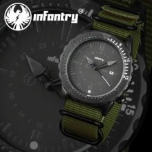 Infantry Army Sport Unisex Quartz Date Analog Green Nylon Canvas Men Wrist Watch