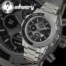 Infantry Aviation Lcd Digital Analog Mens Wrist Watch Stopwatch Stainless Steel