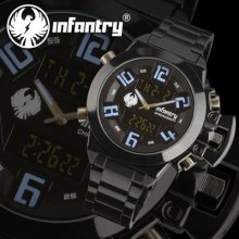 Infantry Mens Lcd Digital Alarm Stainless Steel Sport Quartz Army Watch Blue