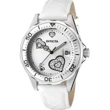 Invicta Women's Pro Diver Silver Crystals Heart Dial White Leather Watch 12401