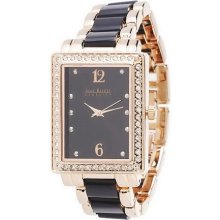 Joan Rivers Look of Ceramic Rectangular Bezel Link Watch - Black/Rosetone - One Size