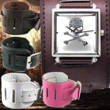 K2112 Rock Punk Skull Skeleton Men Lady Leather Band Bangle Cuff Watch Cool