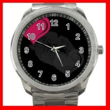 Kiss Me Love Hearts Silvertone Sports Metal Watch 245