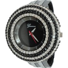 Ladies Black & Silver Sim Diamond Glittered Tiled Leather Watch - Black - Leather - 3