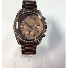 Ladies Brown Bracelet Mk Runway Iced Out Crystal Decorative Chrono Watch Lg4