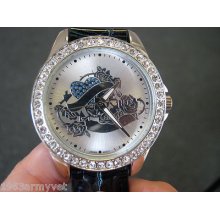 Ladies Geneva Watch Black Leather Band +ed Hardy Black Convertible Face Mask