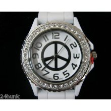 Ladies Geneva Watch - Peace Sign Dial White Band