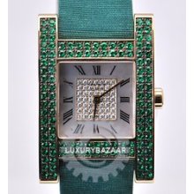 Ladies Ice Cube Watch Rectangle (YG-Emeralds / MOP-Diamonds / Satin-Leather Strap)