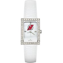 Ladies New Jersey Devils Watch with White Leather Strap and CZ Accents