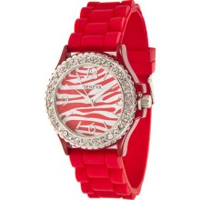 Ladies Red Silicone Watch w/ Zebra Print & Crystals on Silver Bezel - Silver - Sterling Silver - One Size