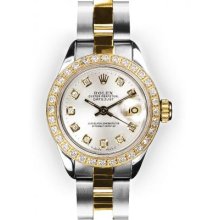 Ladies TwoTone Oyster Silver Dial Yellow Gold Beadset Rolex Datejust