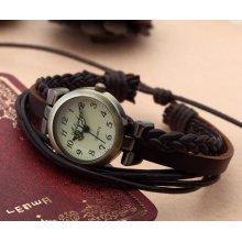 Lady fashion weave wrap around brown leather retro bracelet watch