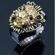 Lady's Stainless Steel Golden Ring Watch with Diamond Lion Cover