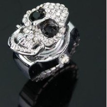 Lady's Stainless Steel Silver Ring Watch with Diamond Skull Head Cove