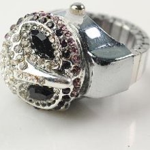 Lady's Stainless Steel Silvery Ring Watch with Diamond Owl Cover