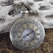 Large Roman Numeral Face Pocket Watch With Clip Chain