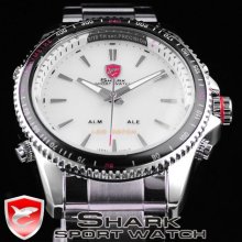 Latest Shark Led Digital Date Day Alarm Mens Sport Steel Quartz Watch + Gift Box
