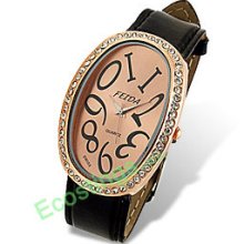 Leather Band Rhinestone Oval Face Lady's Watch