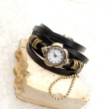 Leather Watch bracelet for women, Antique bronze wrist watch, Multi strap Watch for women