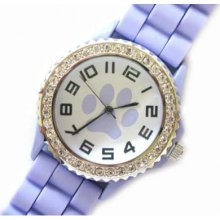 Light Purple Paw Print Silicone Strap Crystal Rim Watch