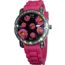 Limited Edition Ladies Multi Colored Daisy Silicon Watch w/ Hot Pink Band