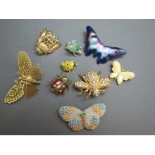 Lot 9 Butterfly Lady Bug Brooches Enamel Metal Copper Rhinestones Monet Napier