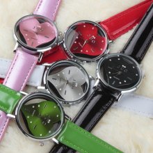 Love Design Heart Shaped Dial Leather Belt Women Stainless Steel Wrtwatch Watch