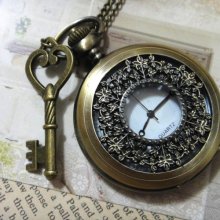 Magical Key Large Pocket Watch Necklace - Heart Skeleton Key