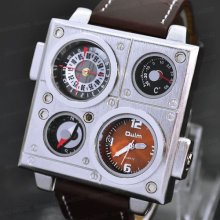 Men Dual Time Zone Quartz Leather Army Outdoor Sport Square Wrist Watch Brown