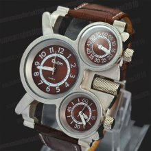 Men Outdoor Sport Quartz Leather Brown Army Wrist Watch With Three Time Zone