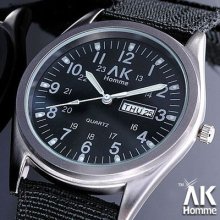 Mens Army Style Black Canvas Ak Homme 12/24h Date Week Quartz Wrist Watch