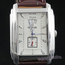 Mens Automatic Silver Square Wrist Watches Date Brown Leather Self Winding Xmas