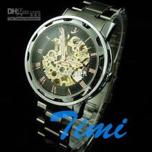 Mens Black Steel Luxury Automatic Watch Gold Skeleton Freeship