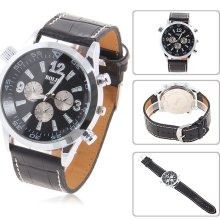 mens Bolun chrome dress watch w/ black face white numbers and leather band - White - Leather