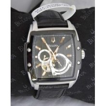 Mens Bulova 98a118 Automatic Self-winding Black Leather Strap Watch Rrp Â£289