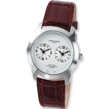 Mens Charles Hubert Leather Band Silver White Dial Dual Time Watch No. 3520-A